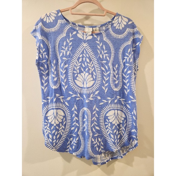 Joie Linen Top Womens Size Medium Blue White Print Cap Sleeve‎ 100% Linen - Picture 1 of 5